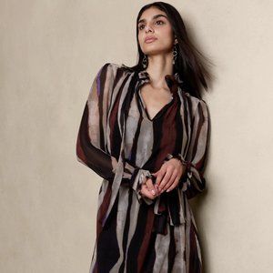 Banana Republic Factory Fit & Flare Midi Dress, Striped, Baked Chocolate - M